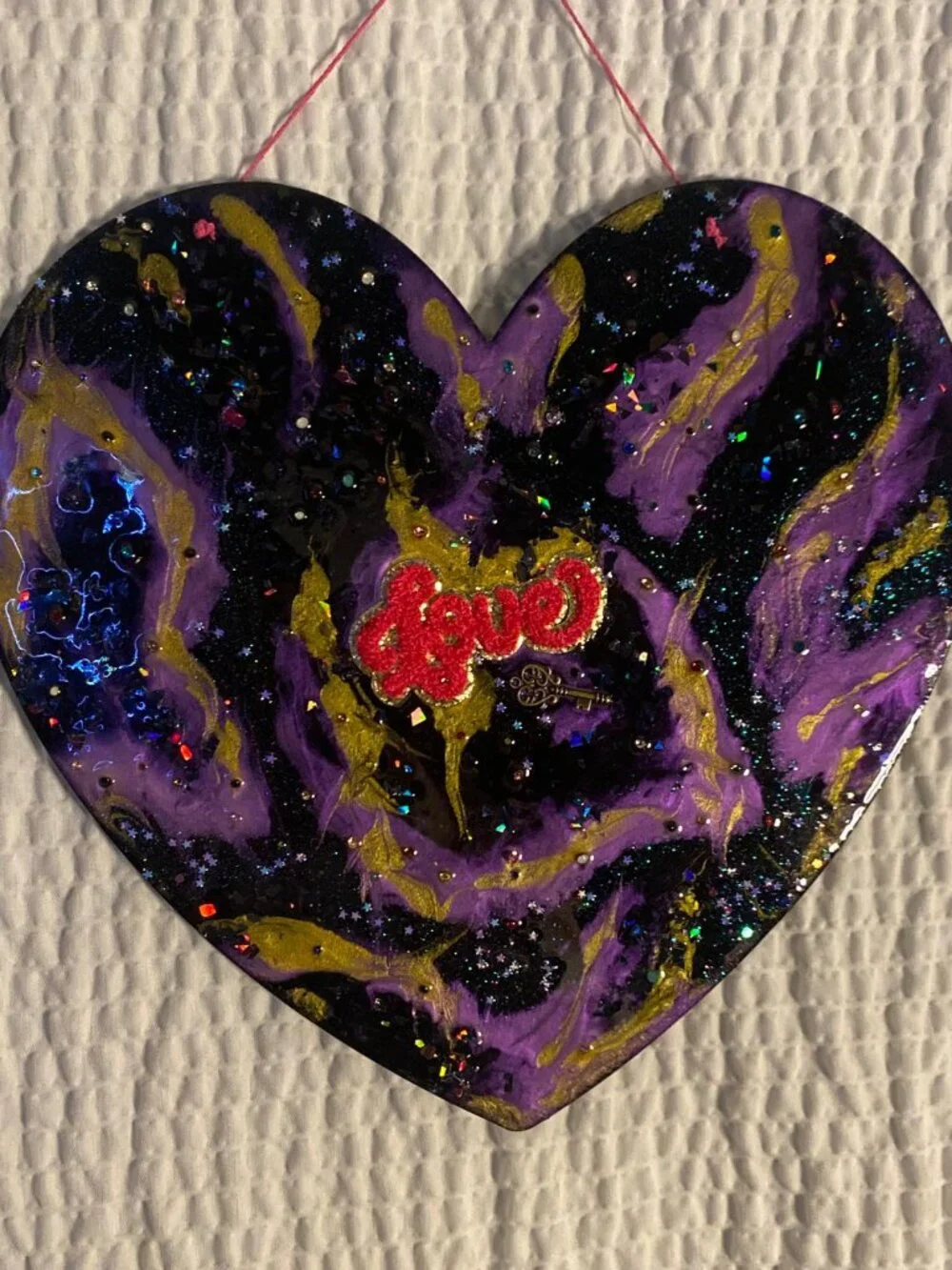 NEW Handmade Wood & Resin Finish Heart 'Love' Hanging Wall Decoration Picture